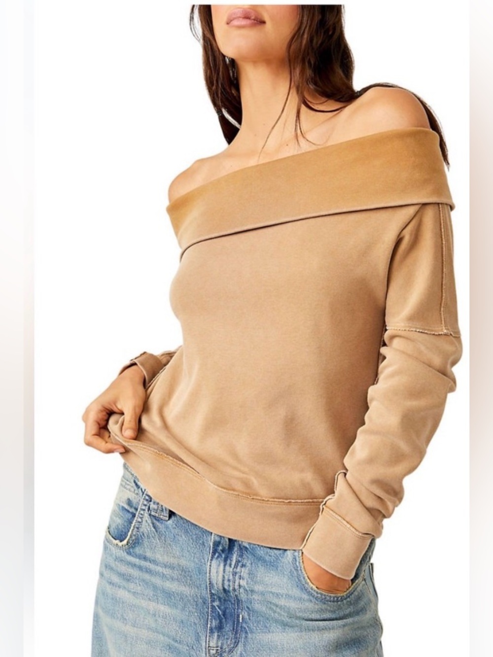 Free People We The Free Not The Same Off The Shoulder Sweatshirt Tan XL